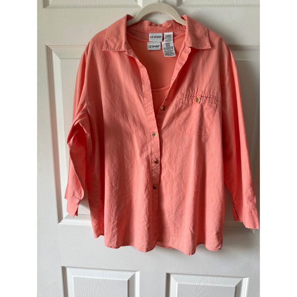Liz Baker Button Down Tank Set Linen Blend‎ Womens Large Coral Coastal Cruise